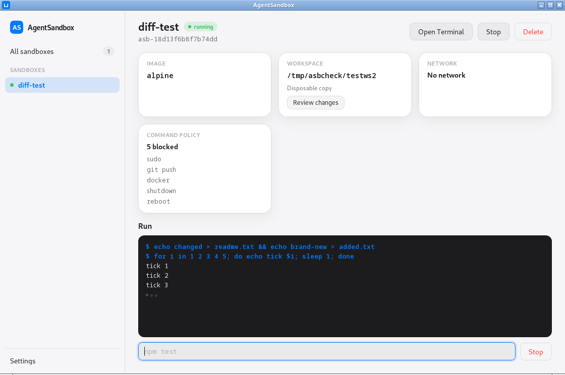 AgentSandbox showing a running sandbox with policy cards and a streaming console